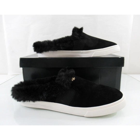 Ralph Lauren Jinny Mules Slip On Sneaker Cozy Faux Fur Trim Suede Black - Picture 5 of 8